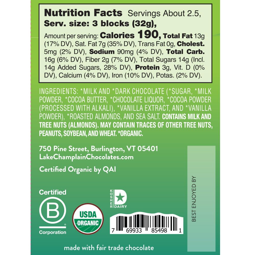 Lake Champlain Chocolates 12 Pack Bar, Dark Milk Chocolate with Sea Salt and Almonds, 3 Ounce