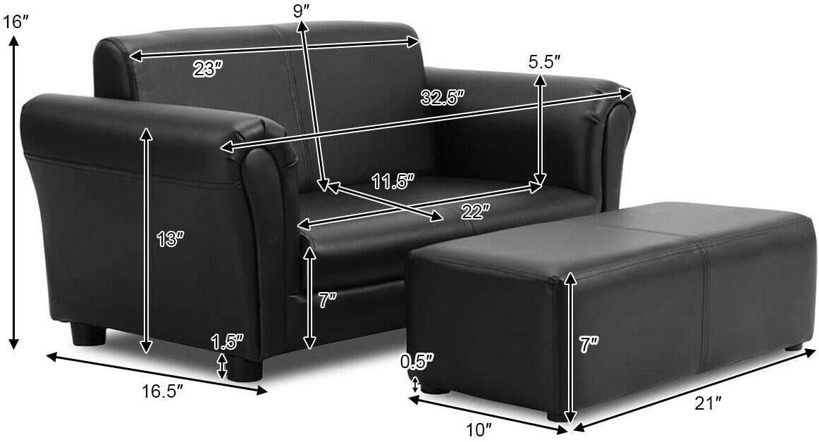 Costzon Kids Couch with Footstool, 2 in 1 Double Seat Children's Sofa w/PU Leather Surface, Armrest Chair Lounge, Soft Kids Sofa for Preschool Bedroom Kids Room Toddlers Boys Girls Birthday (Black)