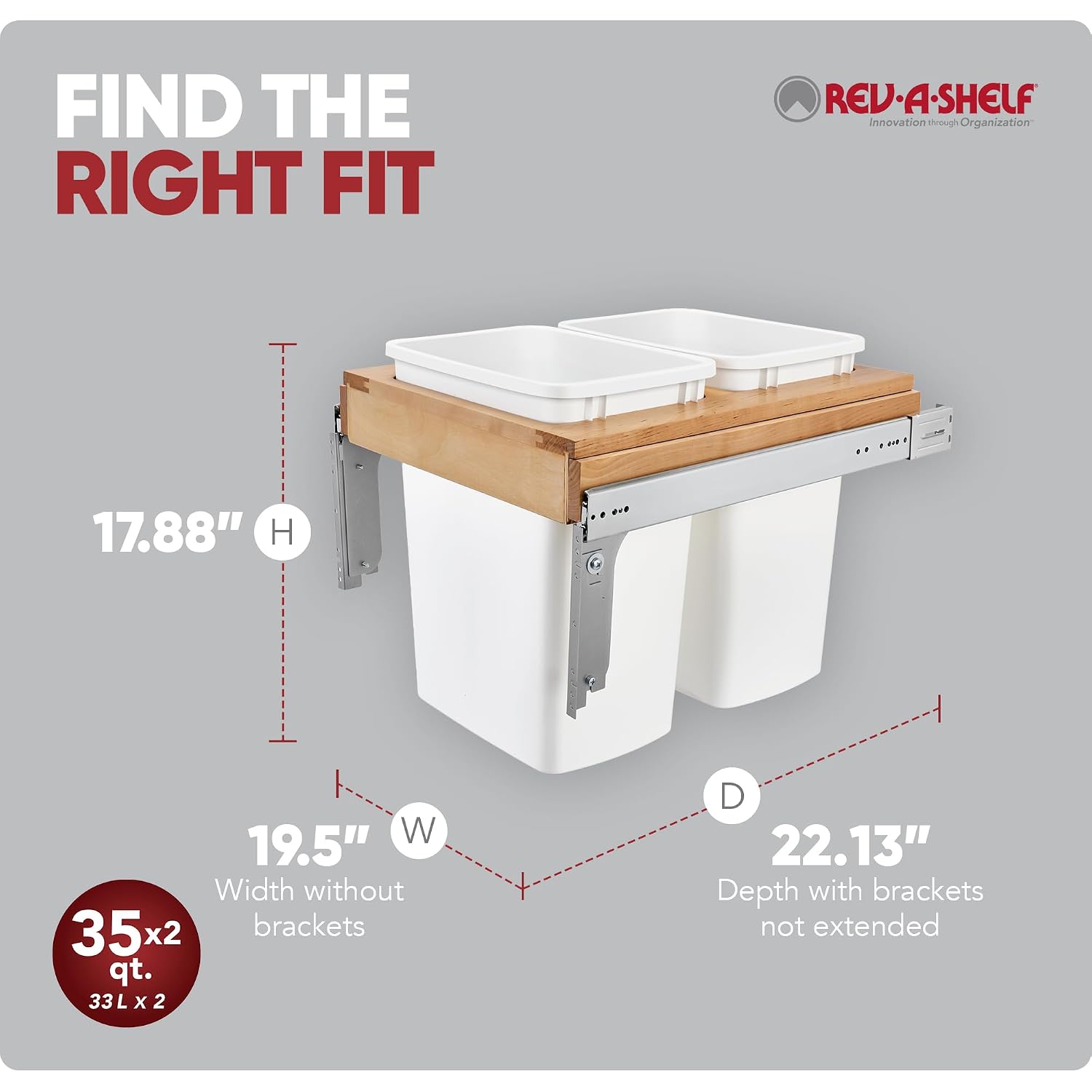 Rev-A-Shelf Top Mount Double Pullout Under Cabinet 50 Quart Kitchen Trash Cans w/Soft-Close for Full Height Cabinet, 150 Pound Rated Full-Extension Slides, 4WCTM-2150BBSCDM-2