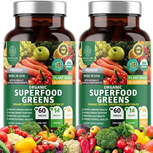 USDA Organic Superfood Greens, 28 Ingredients, Vegan, Non-GMO, 60 Tablets