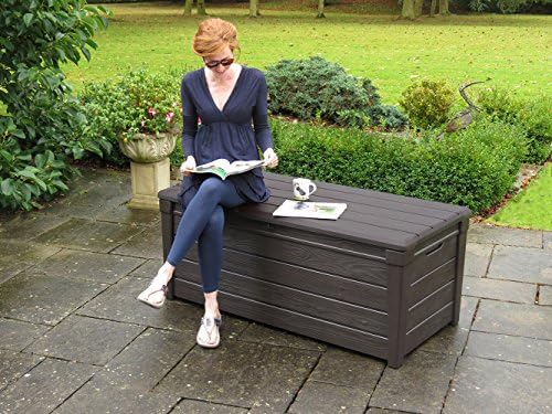 Keter Brightwood 120 Gallon Resin Large Deck Box for Patio Garden, Outdoor Cushion Storage, Pool Accessories, Tools, Grey