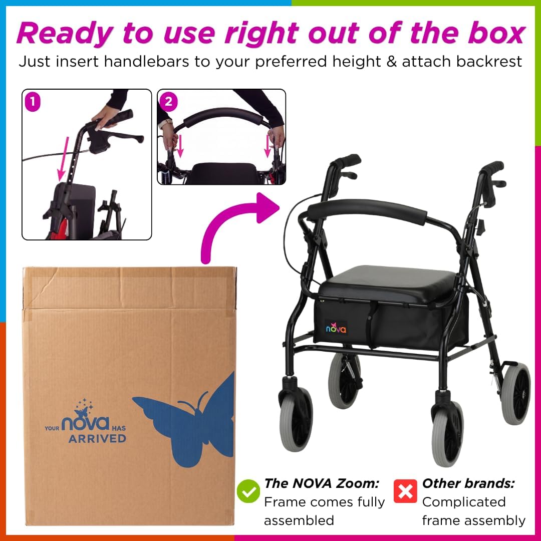 NOVA Zoom 22 Rollator Walker for Seniors, Rolling Walker with Locking Hand Brakes, Padded Seat & 8" Wheels, Lock N Load for Easy Transport & Storage, Adjustable Height 5'5"–6'1", Red