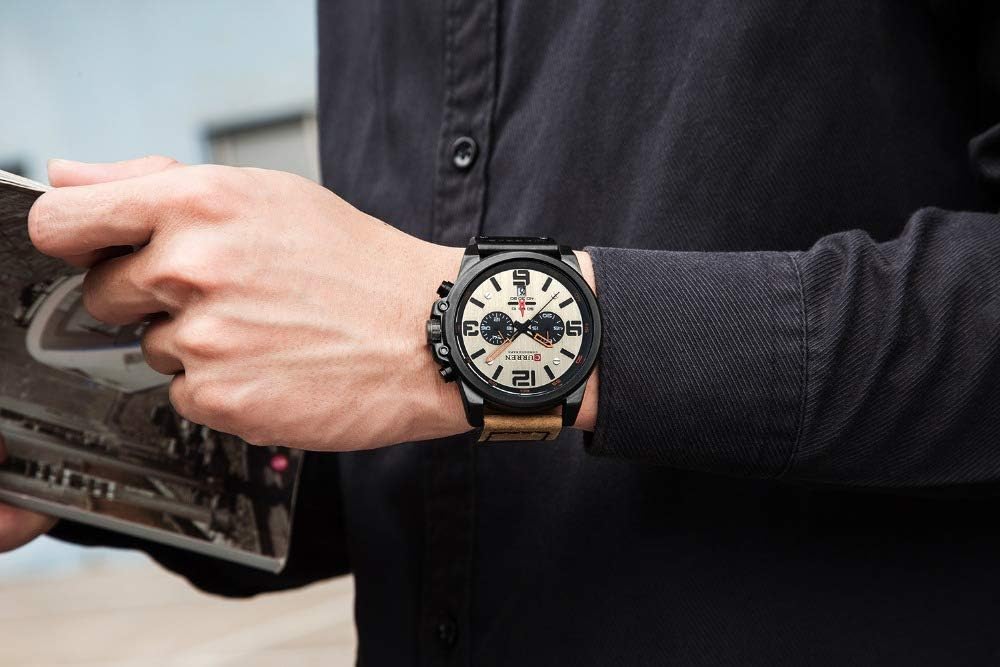 FANMIS Mens Classic Analog Quartz Chronograph Sandwich Dial Leather Watch