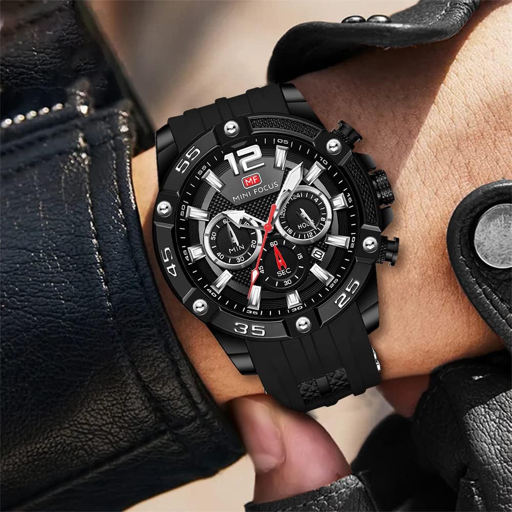 MF MINI FOCUS Men Watch, Chronograph Waterproof Sport Analog Quartz Watches Blue Silicon Strap Fashion Wristwatch for Men