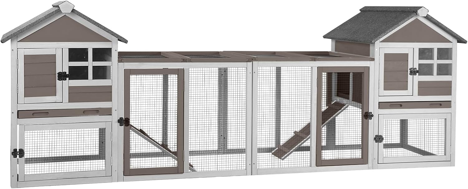 Aivituvin 103.2" L Rabbit Hutch Indoor Outdoor Bunny Cage with Run,Guinea Pig House Pull Out Upper Tray (103.2" L x 25.2" W x 36.2" H, Grey-2 Sets)