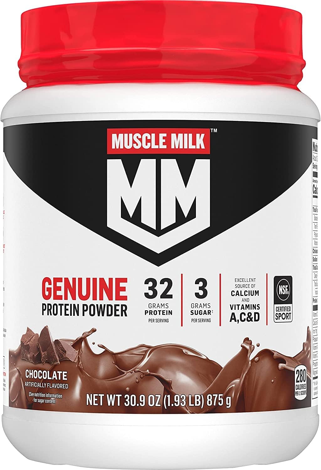 Muscle Milk Genuine Protein Powder, Chocolate, 1.93 Pounds, 13 Servings, 32g Protein, 2g Sugar, Calcium, Vitamins A, C & D, NSF Certified for Sport