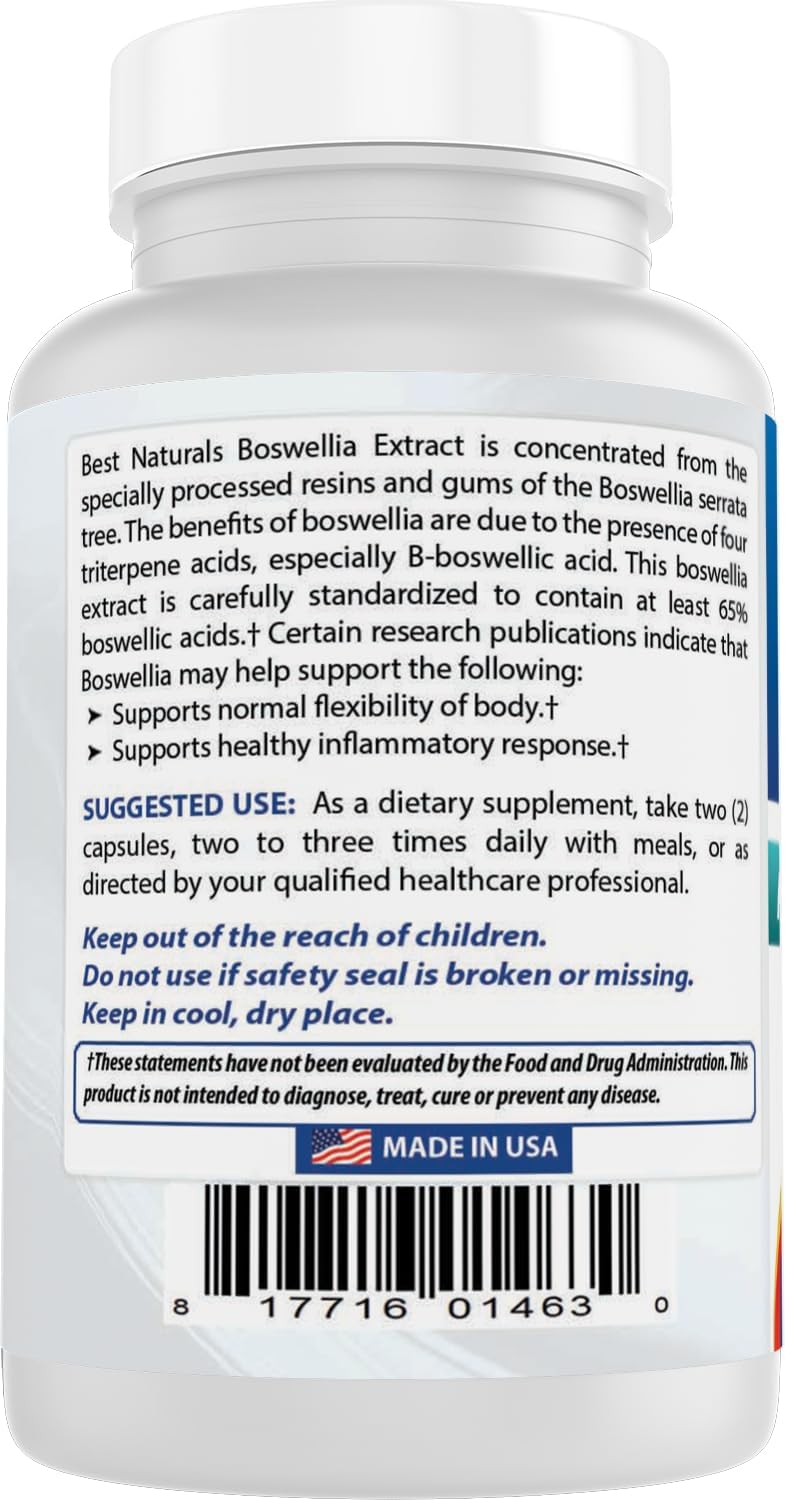 Best Naturals Boswellia Serrata Joint Health 250 mg 120 Capsules - Standardized to 65% Boswellic Acid (120 Count (Pack of 1))
