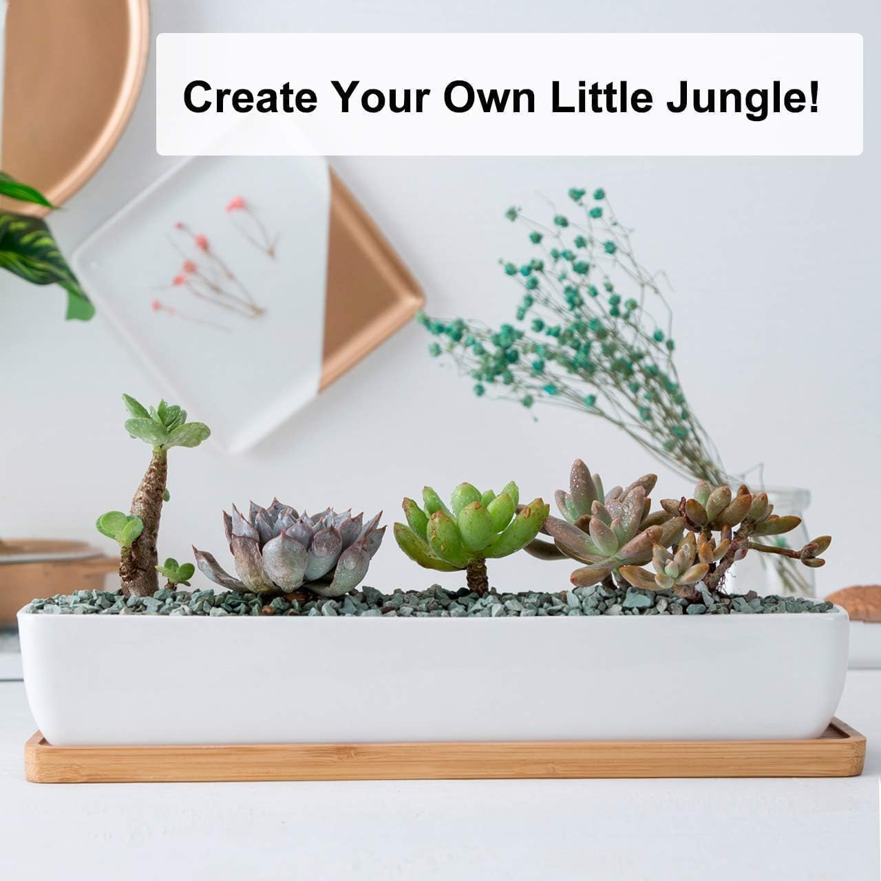 11.1 inch Long Rectangle White Ceramic Succulent Planter Pots/Mini Flower Plant Containers with Bamboo Saucers Plant Window Boxes for Office/Home