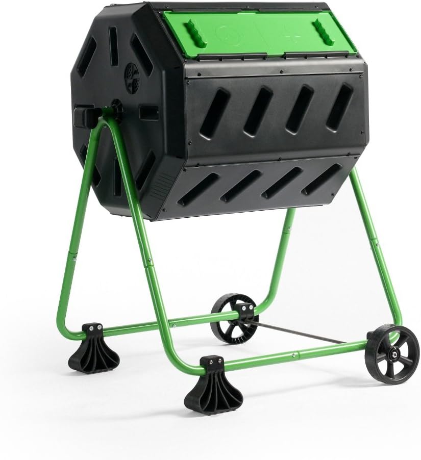 FCMP Outdoor HOTFROG Mobile Dual Chamber Tumbling Composter with Wheels - Outdoor Rotating Garden Compost Bin (HF-IM4000-WK) Black & Green (37-Gallon)