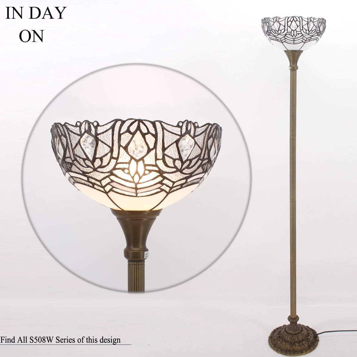 WERFACTORY Tiffany Floor Lamp White Crystal Stained Glass Torchiere Light | 12X12X71 Inches Pole Standing Corner Torch Uplight Decor Bedroom Living