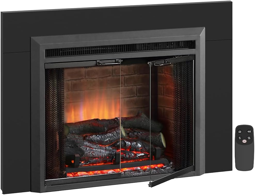 PuraFlame Klaus Electric Fireplace Insert with Fire Crackling Sound, Glass Door and Mesh Screen, 750/1500W, Black, 29 15/16 Inches Wide