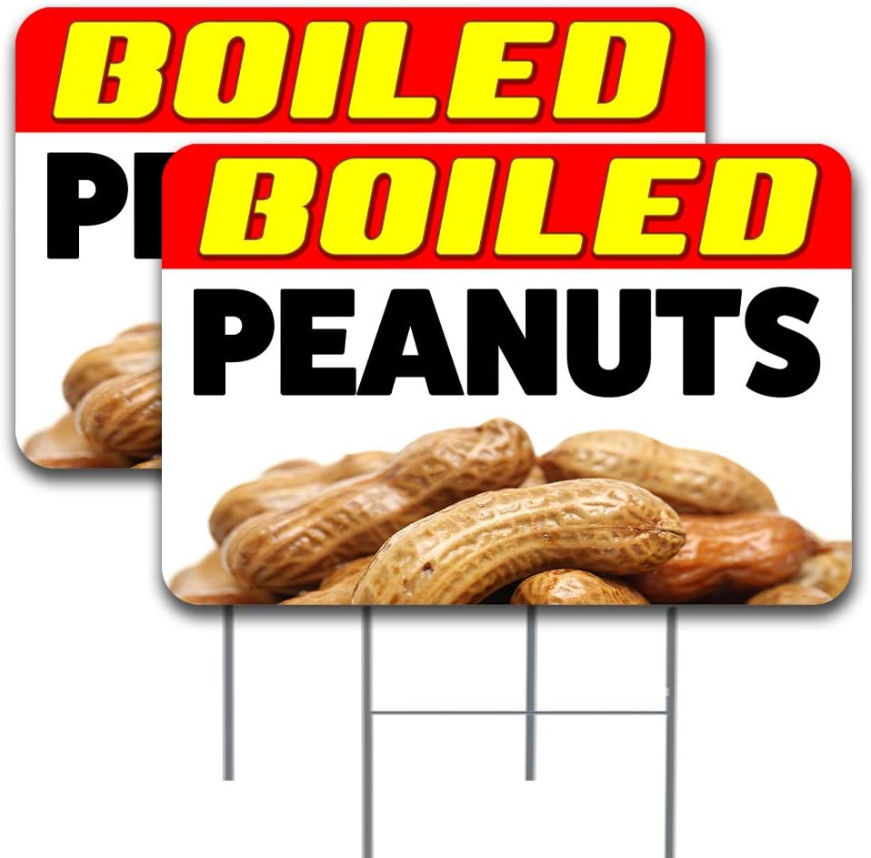 BOILED PEANUTS 2 Pack Double-Sided Yard Signs 16" x 24" with Metal Stakes (Made in the USA)