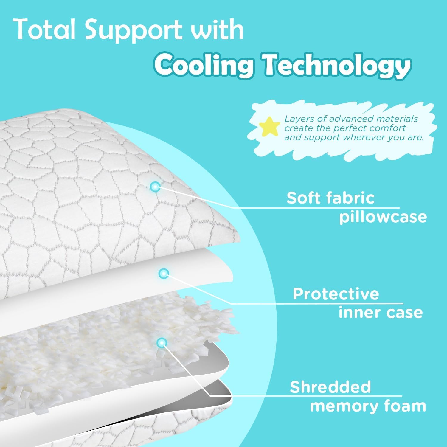 SUPA MODERN Cooling Pillow Queen Size Set of 2, CertiPUR-US Shredded Memory Foam Pillows for Sleeping, Cool Bed Pillows for Hot Sleepers, Adjustable Firm Pillow for Side,Back,Stomach Sleepers