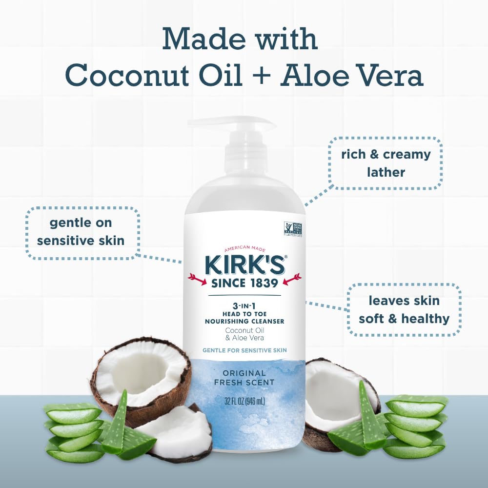 Kirk's Juniper & Lime​ 3-in-1 Nourishing Cleanser, Shampoo Body Wash Bubble Bath, Coconut Oil and Aloe Vera, Vegan Non-GMO, 32 Fl Oz