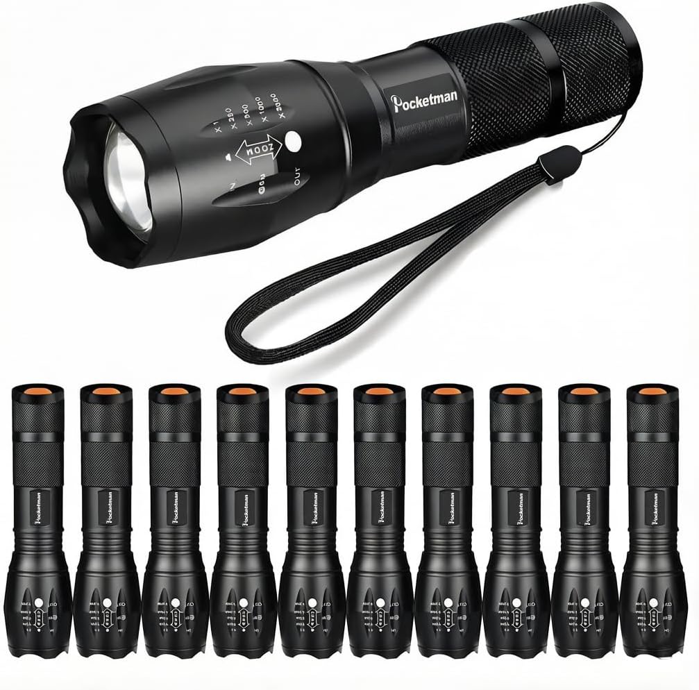 Pocketman LED Tactical Flashlight Super Bright LED Flashlights Portable Outdoor Water Resistant Torch with 5 Light Modes（10Pack）