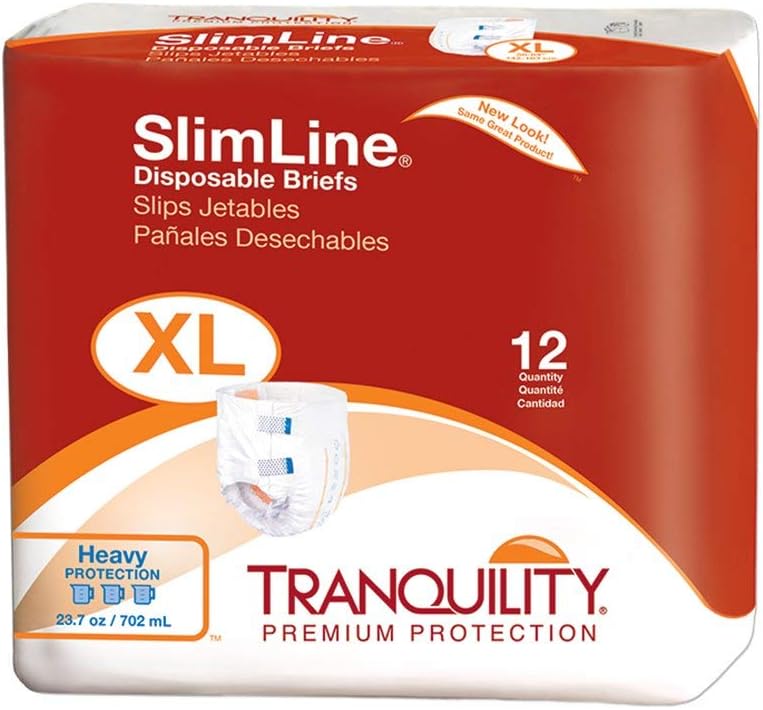 Tranquility Slimline Original Adult Disposable Brief, Adult X-Small, Incontinence Care with a Slimmer Fit, Peach Mat Core & Kufguard Technology for Max Comfort, Latex-Free, 10.9oz Capacity, 100ct Case