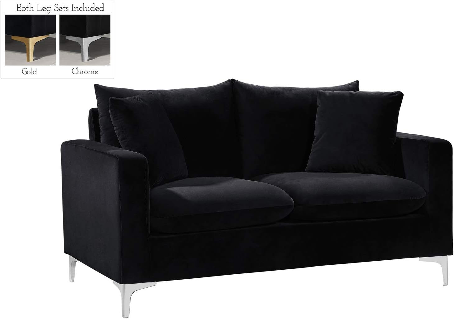 Meridian Furniture Naomi Collection Modern | Contemporary Grey Velvet Upholstered Loveseat with Stainless Steel Base in a Rich Gold or Chrome Finish, 633Grey-L