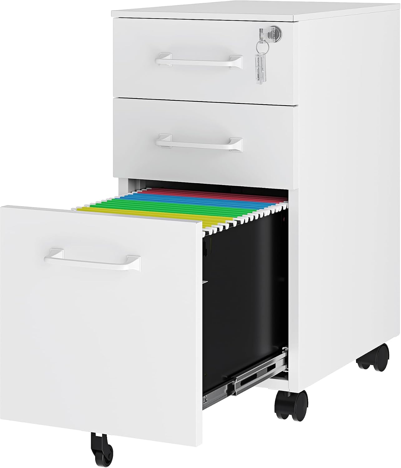 3 Drawer File Cabinet with Lock,Mobile Lateral Filing Cabinet with Side Hook for Letters/Legal/A4, Metal Printer Stand Storage Cabinets with Shelves for Home Office(Black)