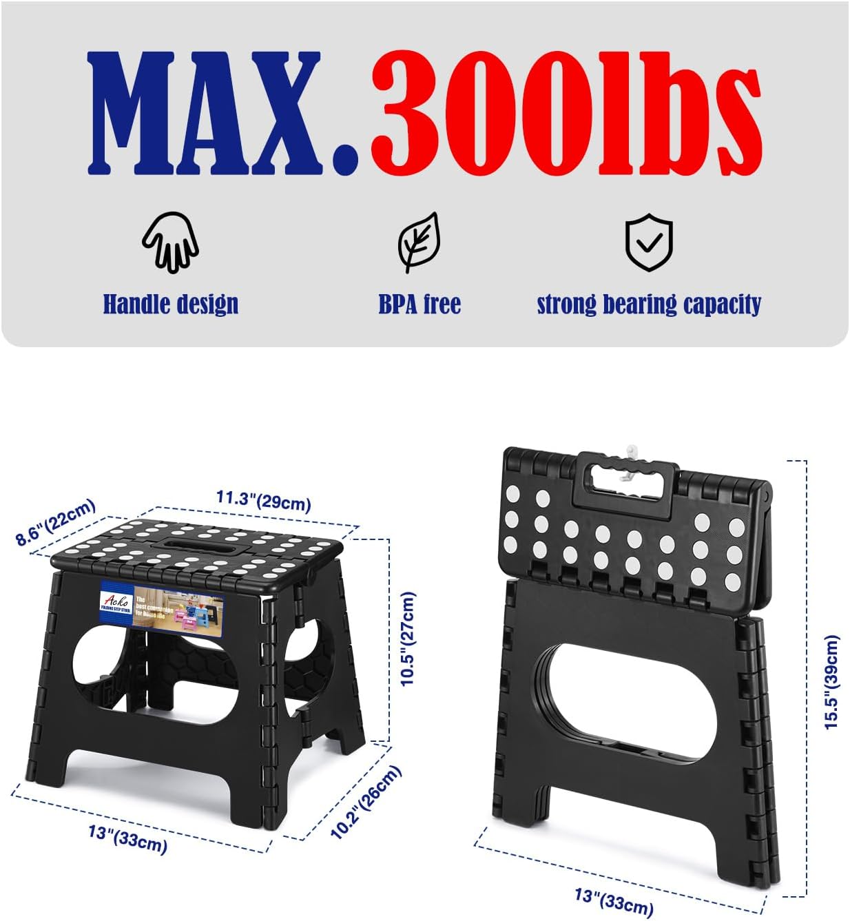 ACKO 13 Inch Folding Step Stool, Holds 300 lb for Adults and Kids, Black | Collapsible Heavy Duty Foldable Stools, Portable Non-Slip Foot Stepping stool, Kitchen Bathroom Bedroom Outdoor with Handle