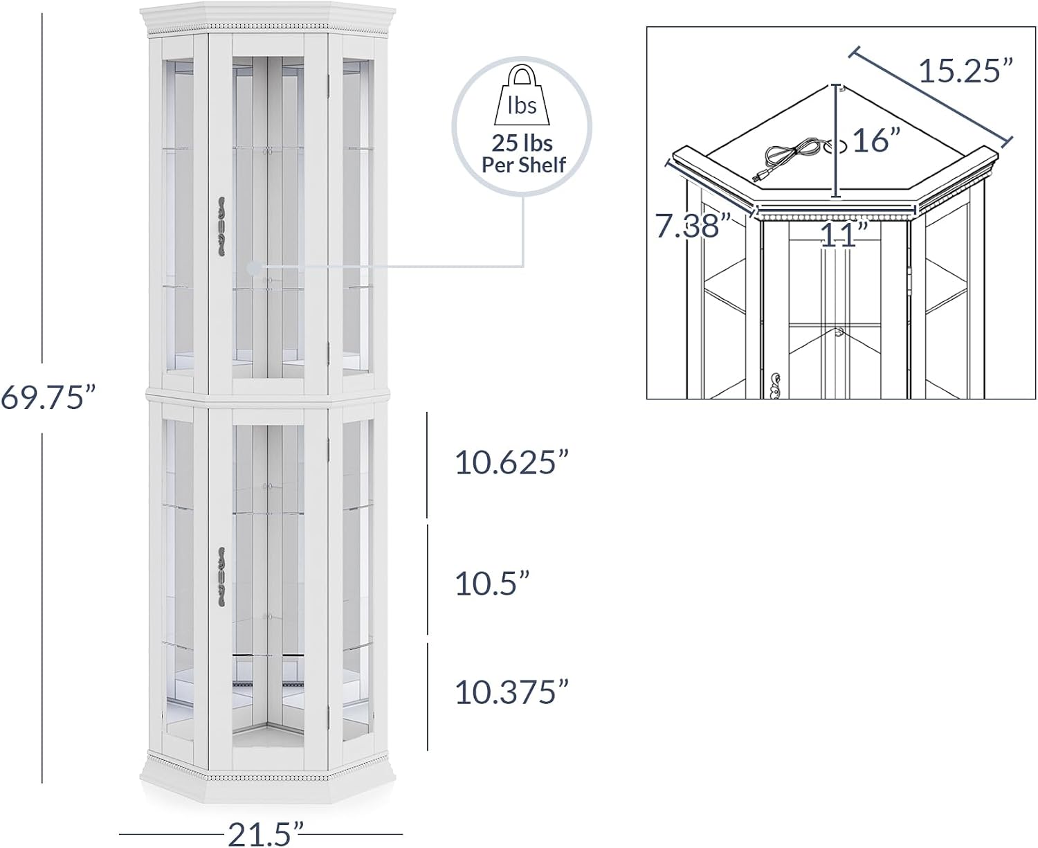 BELLEZE Lighted Wooden Corner Display Curio Cabinet, Two Section Shelving Unit with Tempered Glass Door