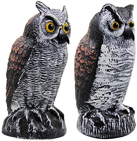 Hausse 2 Pack Fake Horned Owl Bird Scarecrow Decoy 10.5 Inch Height, Plastic Deterrents, Halloween Decoration