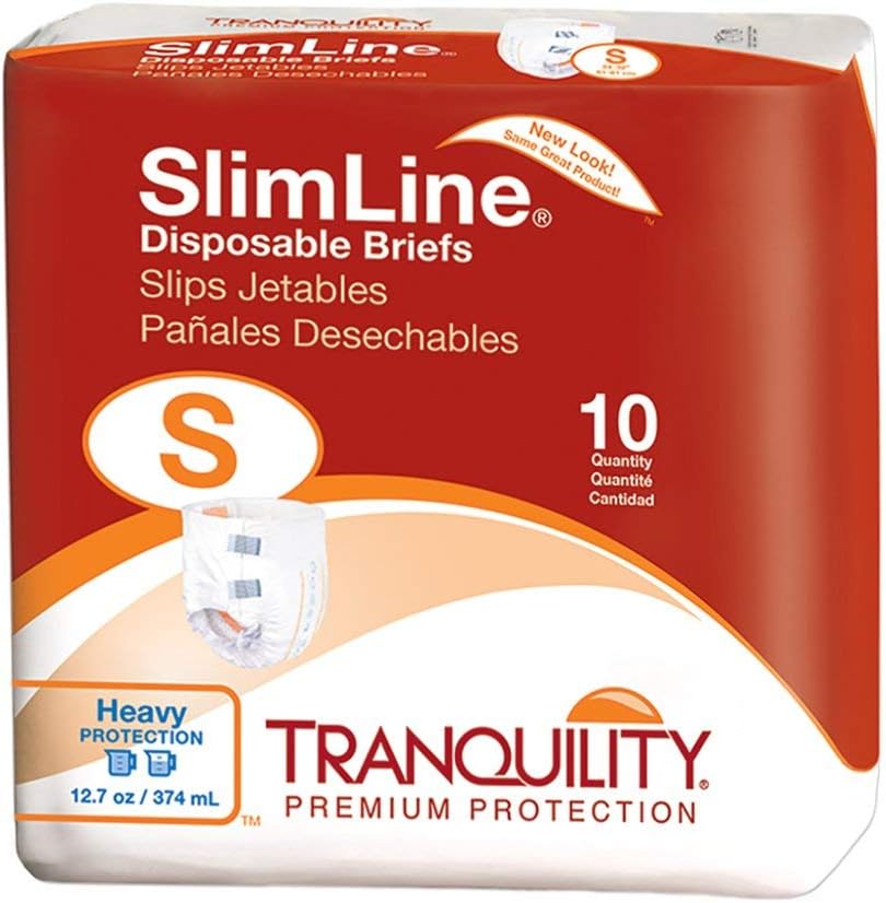Tranquility Slimline Original Adult Disposable Brief, Adult X-Small, Incontinence Care with a Slimmer Fit, Peach Mat Core & Kufguard Technology for Max Comfort, Latex-Free, 10.9oz Capacity, 100ct Case