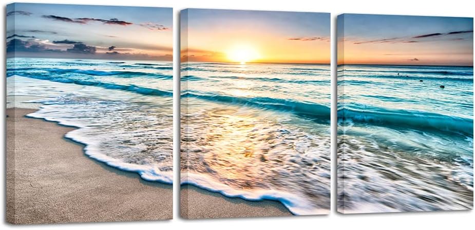 Wieco Art 3 Panel Blue Beach Canvas Wall Art for Home Decor Sunset White Wave Beach Pictures on Canvas Sea View Canvas Prints Artwork for Wall Decor