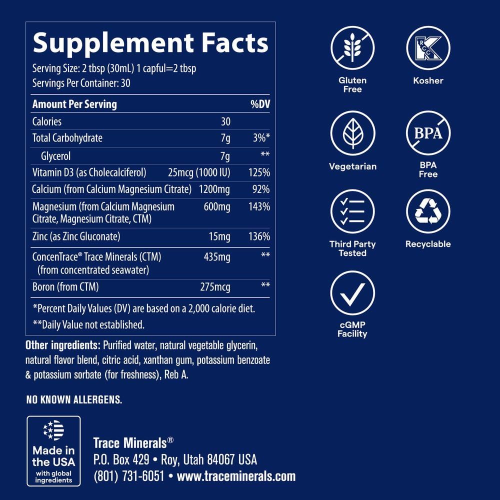 Trace Minerals Liquid Cal Mag Zinc with Vitamin D3, 16 fl oz, Pina Colada | Ionic trace minerals for absorption, Bone, muscle, and connective tissue health, 1-2 tbsp daily, Refrigerate after opening