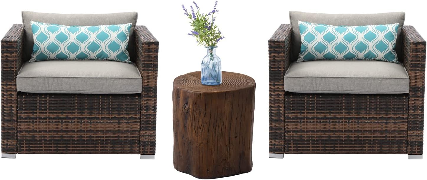 HOMPUS Patio Furniture Armchair, 2 Pieces Rattan Wicker Single Chairs with Outdoor Tree Stump Side Table