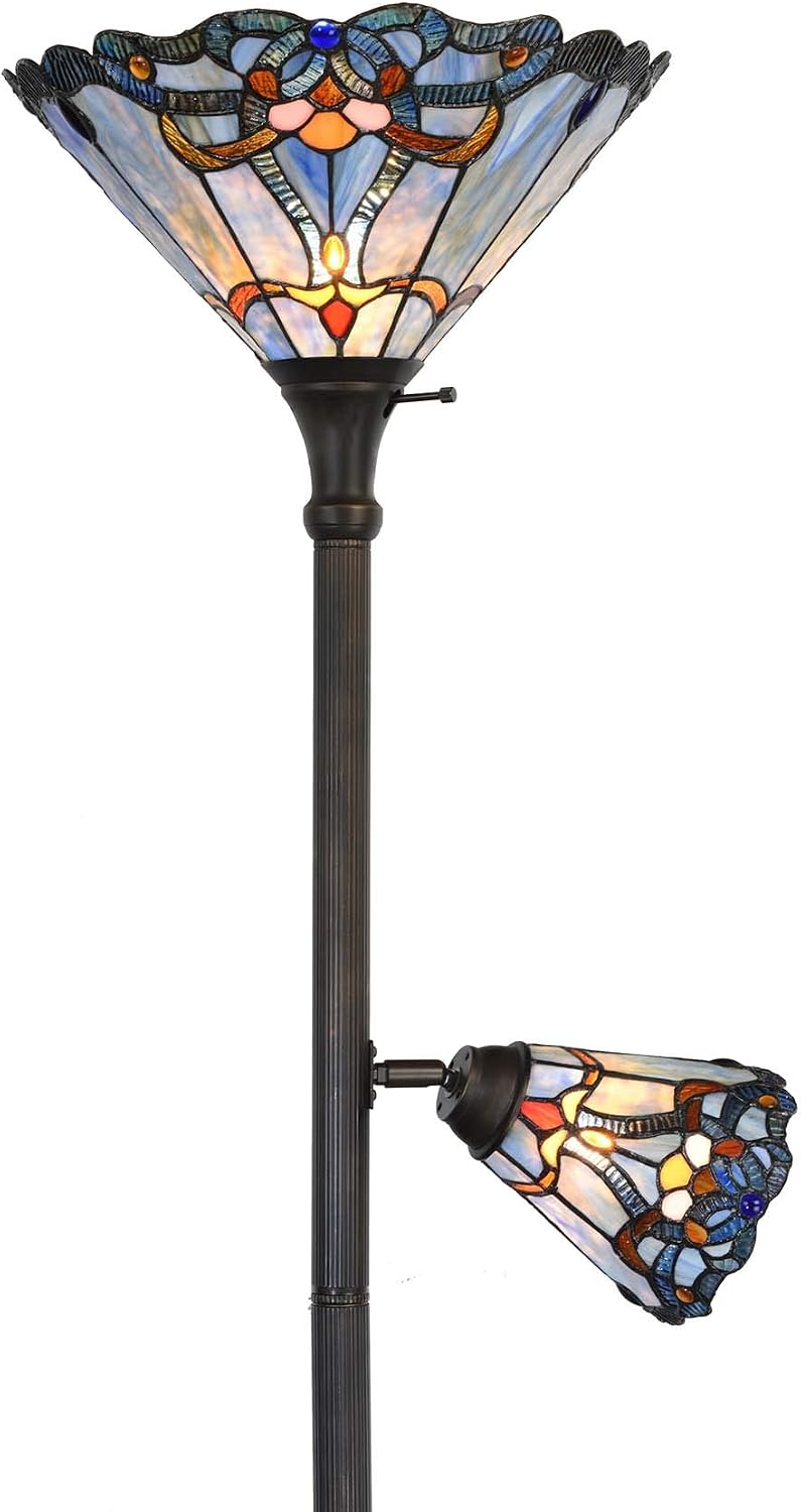 Bieye L10686 Baroque Tiffany Style Stained Glass Torchiere Floor Lamp with Sidelight for Reading Home Decor, 71-inch Tall