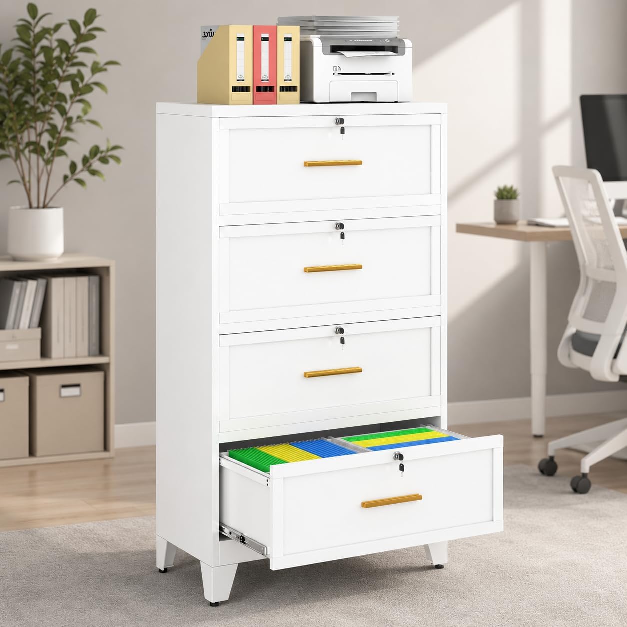 3 Drawer File Cabinet, Office Mobile Filing Cabinet, Printer Stand | All-in-One Office Storage, 3 Storage Drawers, 2 Adjustable Shelves, Lockable Cabinet, 4 Casters, 46.5-Inch Top