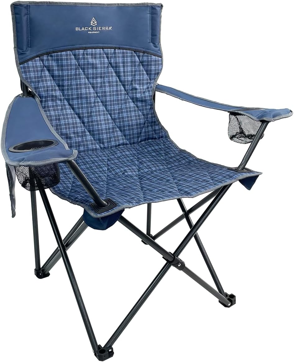 Black Sierra Quilted Padded Camping Chair, Oversized Heavy Duty Outdoor Lounge Seat Supports 300 lbs, Portable, Folding with Cup Holder for Beach, Tailgating, Sports, Patio