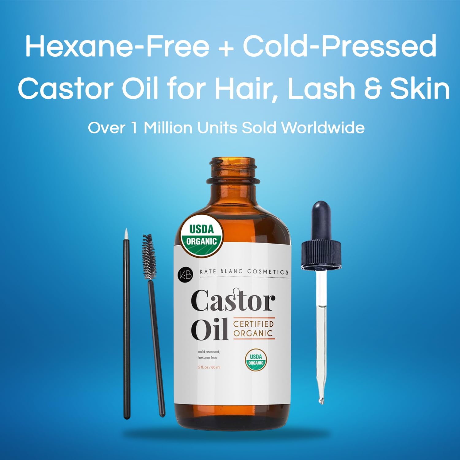 Kate Blanc Cosmetics Castor Oil Organic (4oz), 100% Pure, Cold Pressed, Hexane Free. Natural Oil for Hair, Eyelashes, Eyebrows. Skin Moisturizer with Starter Kit