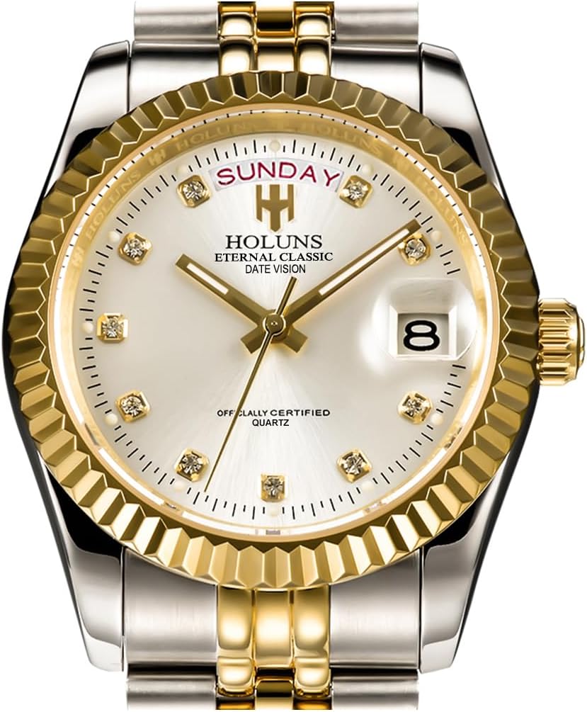 41MM Men's Gold Plated Stainless Steel Waterproof Quartz Watch Luxury Wristwatch with Date Week Display