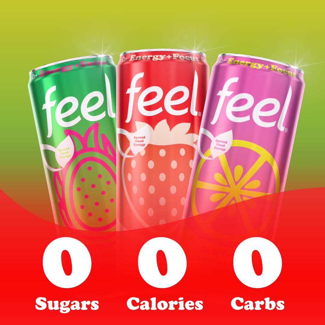 FEEL Variety Pack – Zero Sugar Sparkling Energy Drink – 3 Flavor Assortment, 140mg Plant-Based Caffeine from Green Coffee Beans + L-Theanine – Vitamin C, Vegan, Non-GMO – 12 Pack (12 Fl Oz Cans)