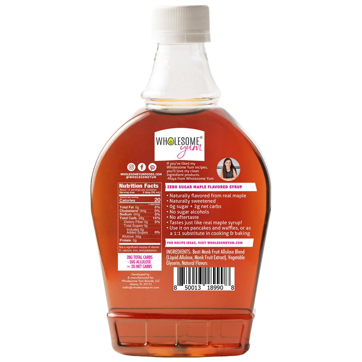 Wholesome Yum Zero Sugar Maple Syrup, Monk Fruit Allulose Keto Maple Syrup