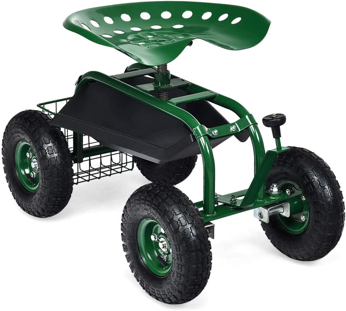 Goplus Rolling Garden Cart with Seat, Outdoor Garden Stool with Wheels, Tool Tray & Basket, Adjustable Steering Handle