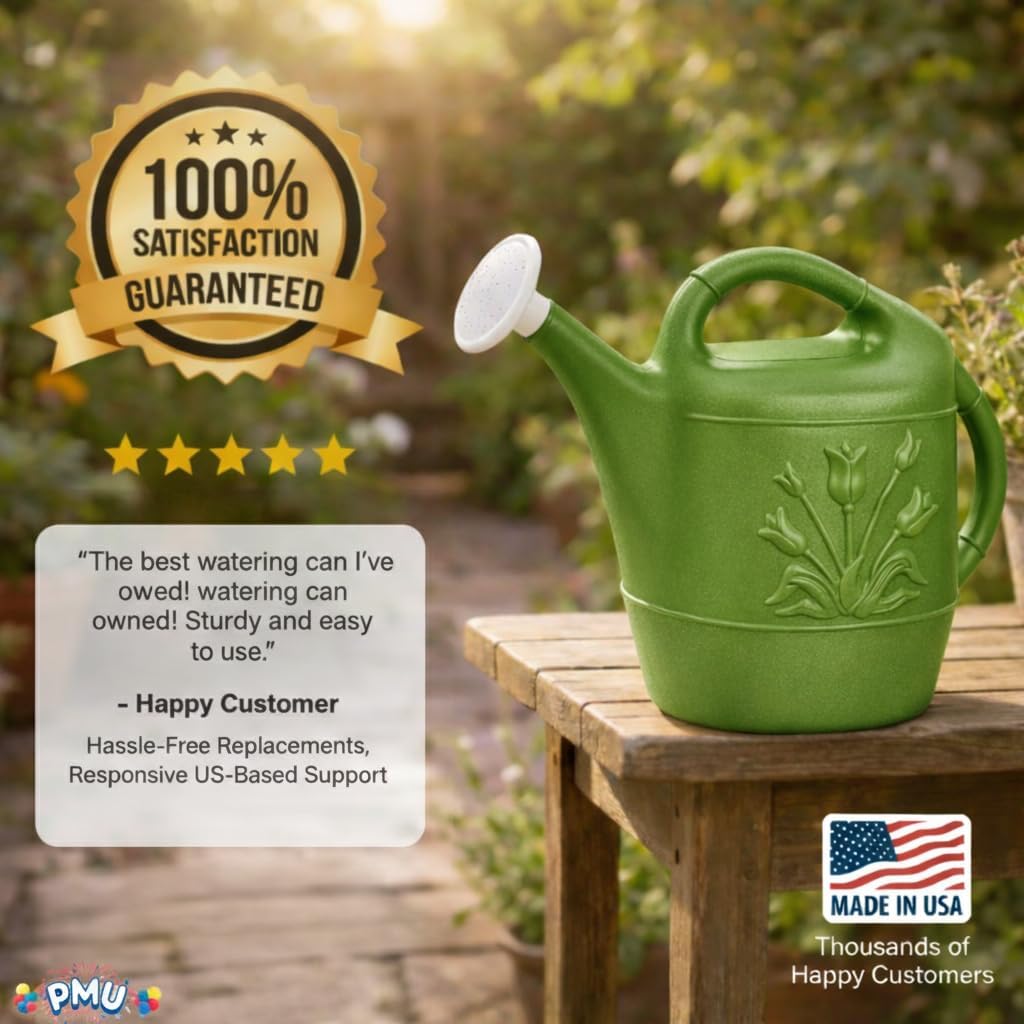 PMU 2 Gallon Watering Can - Garden Watering Can for Indoor & Outdoor Plants - Plastic Water Can with Detachable Sprinkler Head - Large Water Pot, Made in USA - Hunter Green Pkg/1