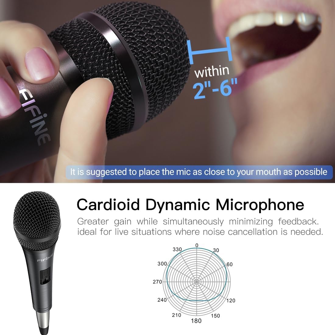 FIFINE K6 Karaoke Microphone, Dynamic Vocal Microphone for Singing