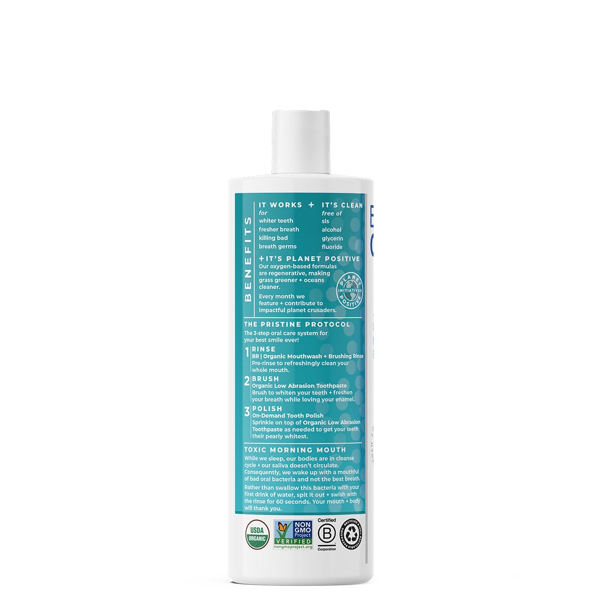 Essential Oxygen Certified BR Organic Brushing Rinse, All Natural Mouthwash for Whiter Teeth, Fresher Breath, and Happier Gums, Alcohol-Free Oral Care, Peppermint, 16 Ounce, Package may vary