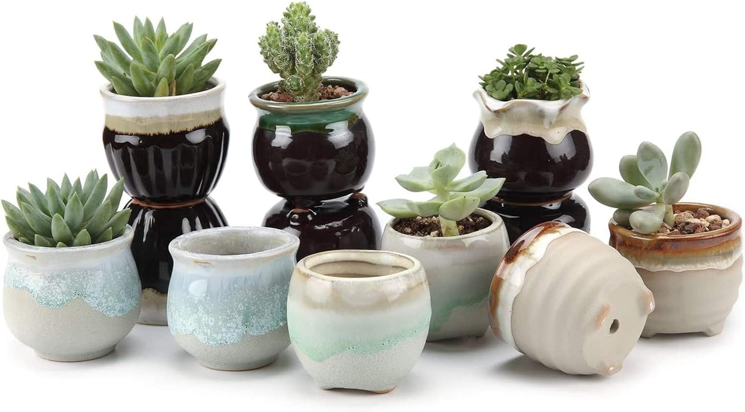 T4U Mini Succulent Ceramic Pots for Gifts, Small Planters for Decor 6 Pack | Planters with Drainage, for live cactus plants, bonsai tree starter pots, indoor windowsill decor, office desk accents