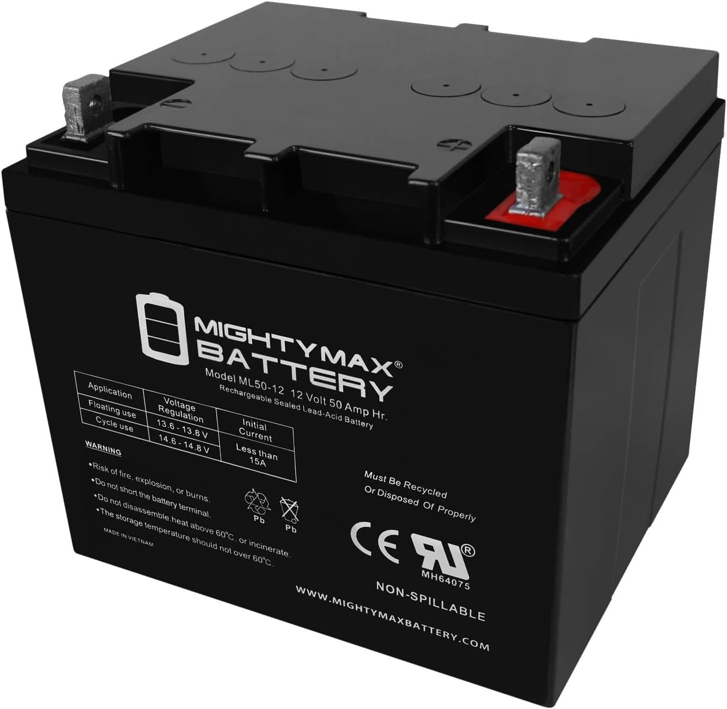 ML55-12 - 12 Volt 55 AH, Nut and Bolt (NB) Terminal, Rechargeable SLA AGM Battery