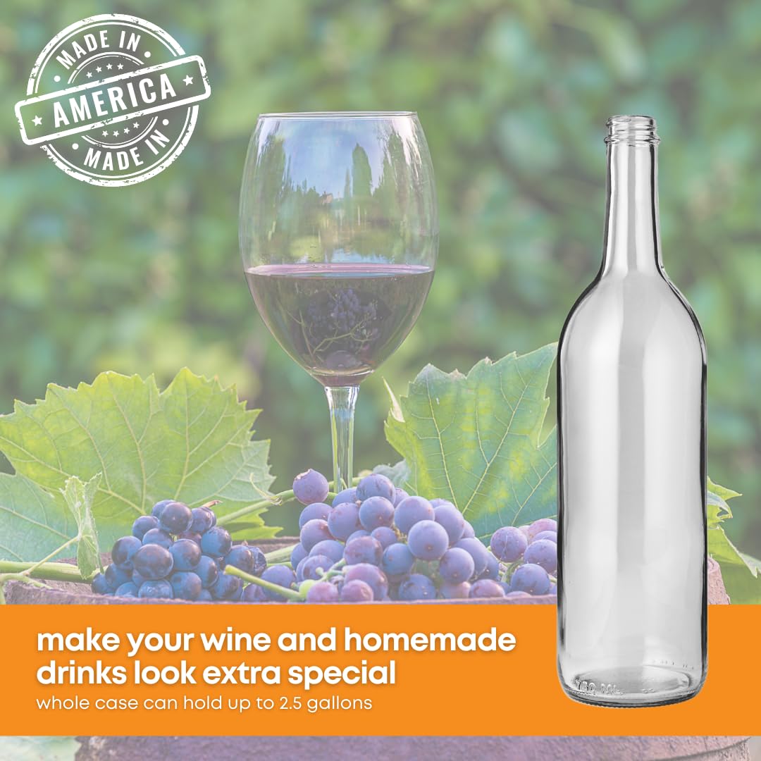 750ml Clear Glass Bottles with Lids, W5 Bordeaux 12-Pack, White Screw Caps | 12 flint flat-bottomed Glass Wine Bottles for home winemaking