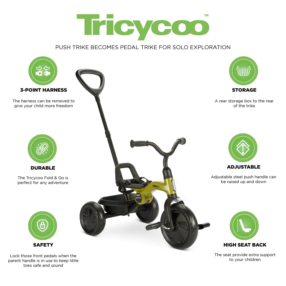 Joovy Tricycoo 4.1 Kids Tricycle with 4-Stages Featuring Extra-Wide Front Tire, Removable and Adjustable Parent Handle, Safety Harness