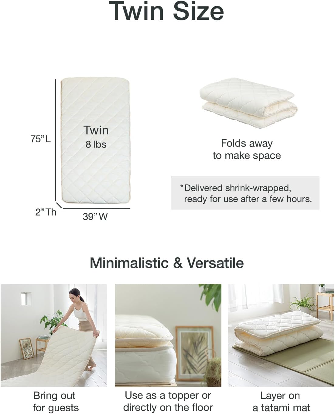 FULI Japanese Futon, Twin XL Size, White - Foldable Shikibuton Floor Bed | Medium Firm Quilted Cotton Sleeping Pad, Portable Roll-Up Japanese Floor Bed for Guests & Small Spaces, 100% cotton surface