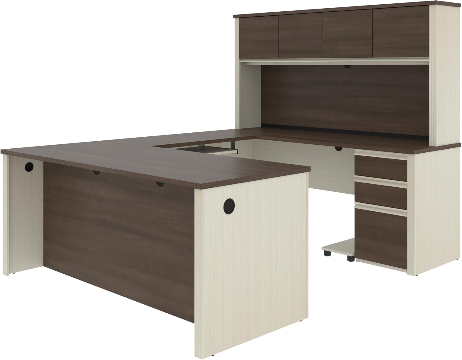 Bestar Prestige + 72W U-Shaped Executive Desk with 2 Pedestals and Hutch in White Chocolate & Antigua | With 2 Pedestals and Hutch; with Narrow Desk Shell, Desk Shell, Desk Bridge, Keyboard Tray, CPU Stand; stands 67 in. tall