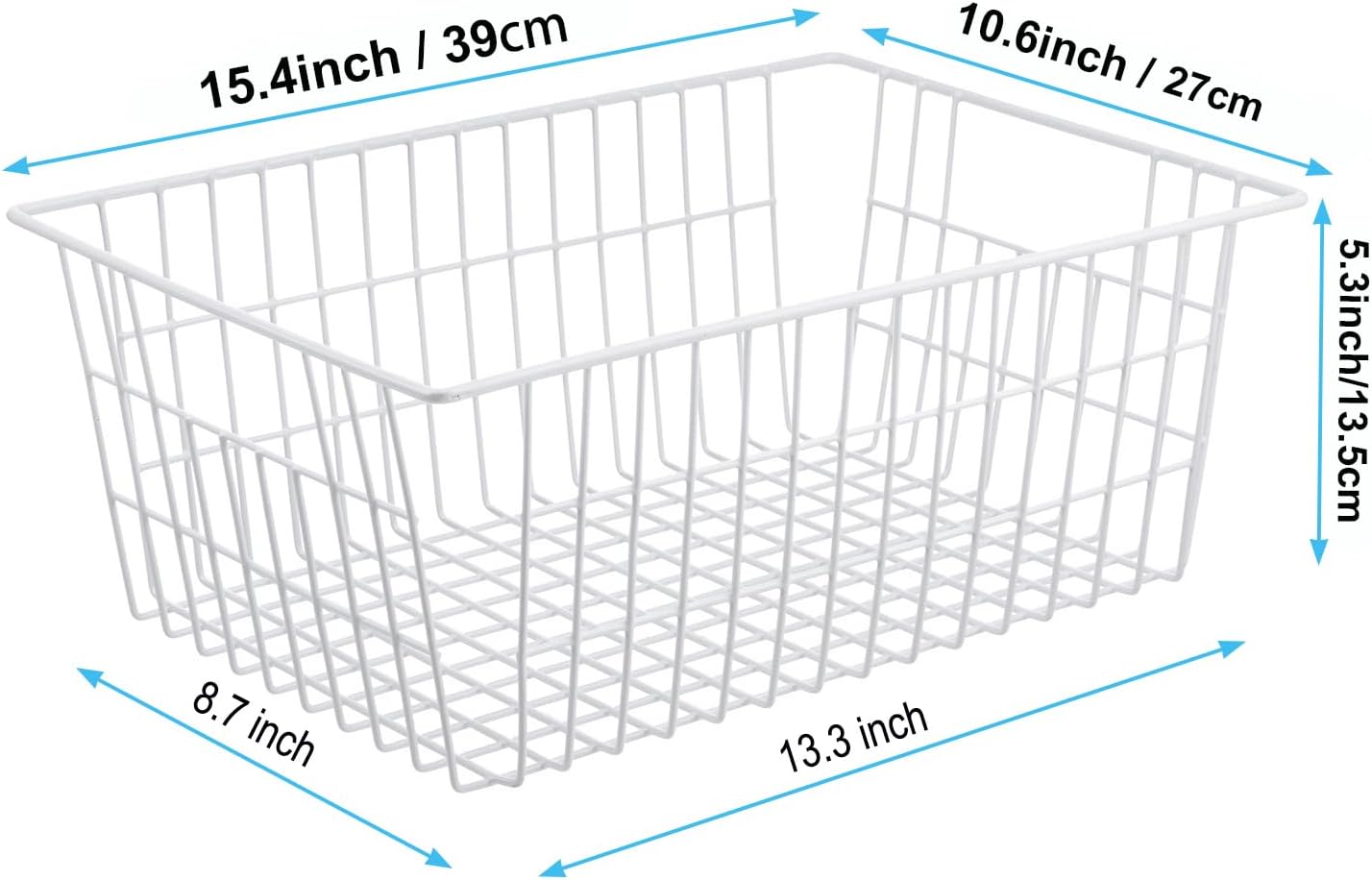 iPEGTOP Wire Storage Freezer Baskets, Set of 2 Large 15.4" Household Metal Organizer Storage Bins Basket for Kitchen Cabinets, Refrigerators, White