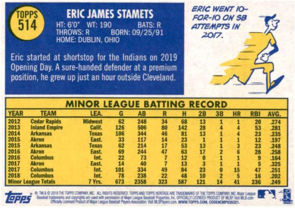 2019 Topps Heritage High Number #514 Eric Stamets Cleveland Indians Baseball Rookie Card