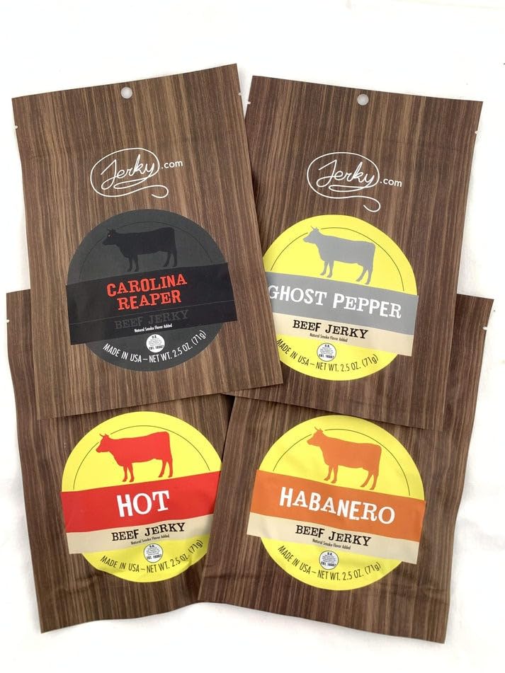 Jerky.com Hot Jerky Combo - Featuring Habanero, Classic Hot, Carolina Reaper, Ghost Pepper - Perfect for Heat Seekers and Flavor Enthusiasts - Beef Jerky Gift for Men (4 Flavors - 2.5 oz. bags)