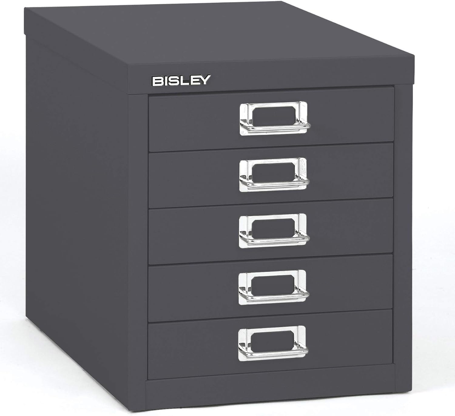 5-Drawer Steel MultiDrawer Cabinet - Orange, by Bisley | Chrome Pull Handles with Label Holders, Powder-Coated Steel, Removable Drawers, Desktop Storage, Labels Included